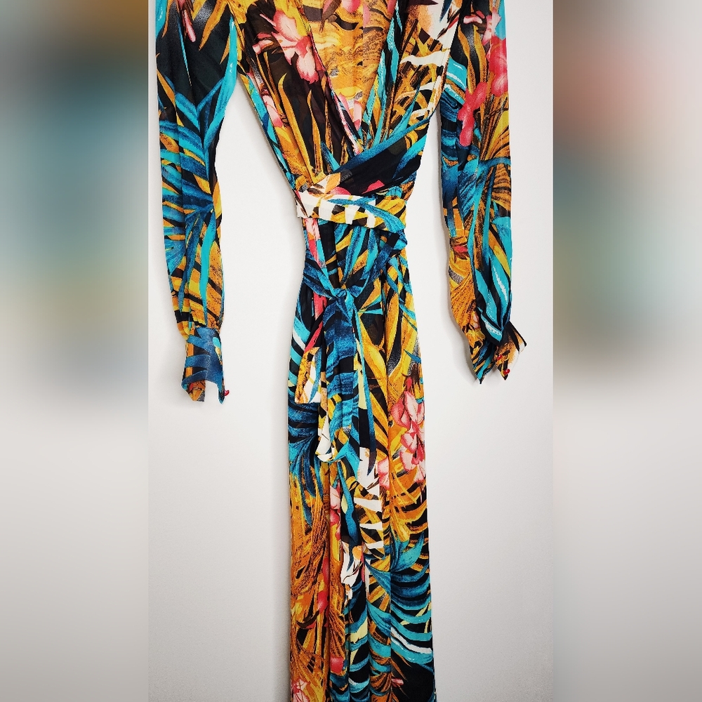 Sheer Tropical Print Long Sleeve Maxi Dress - Picture 3 of 10